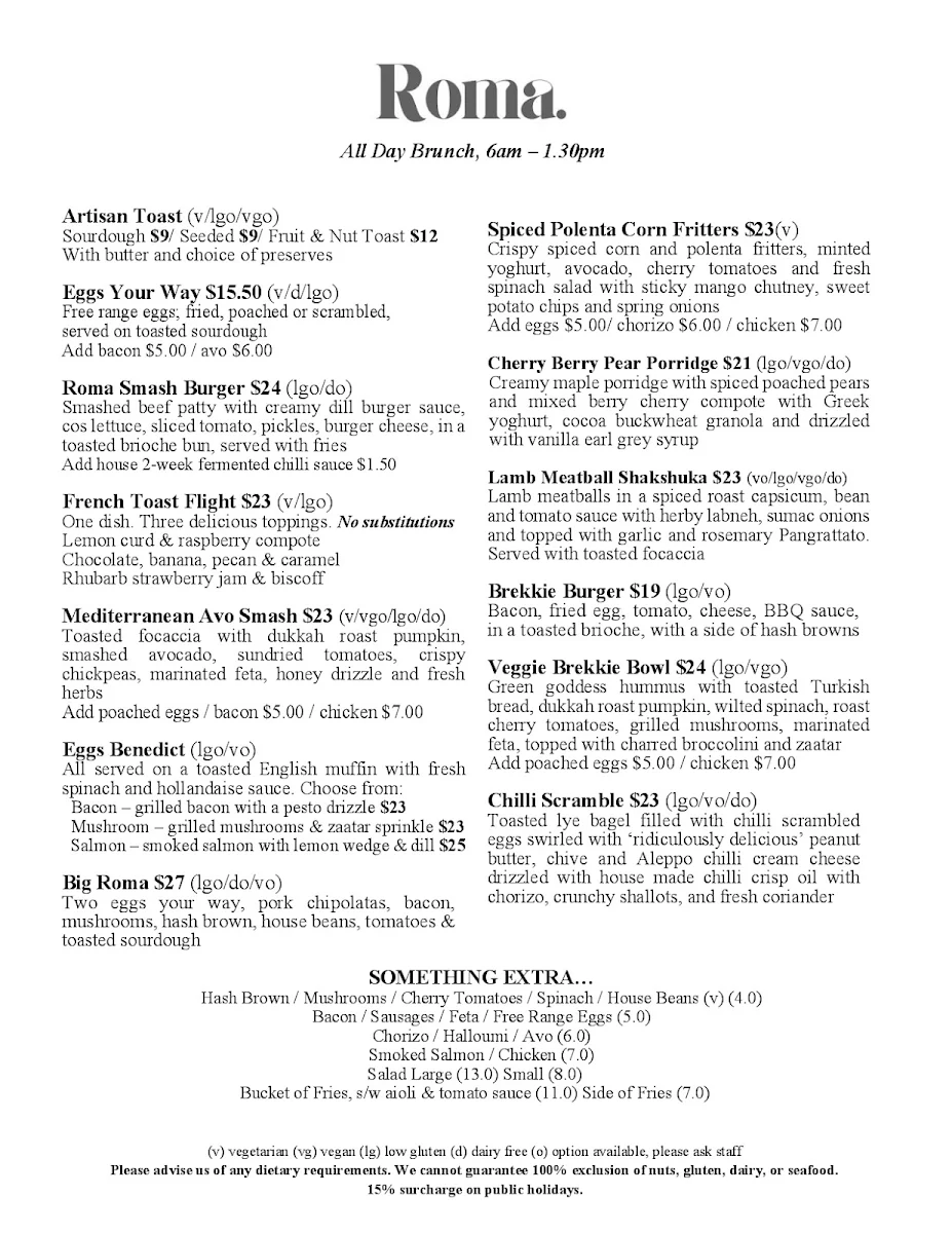 Menu, Roma Republic Kinross