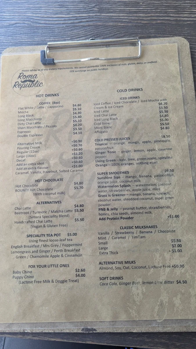 Menu, Roma Republic Kinross