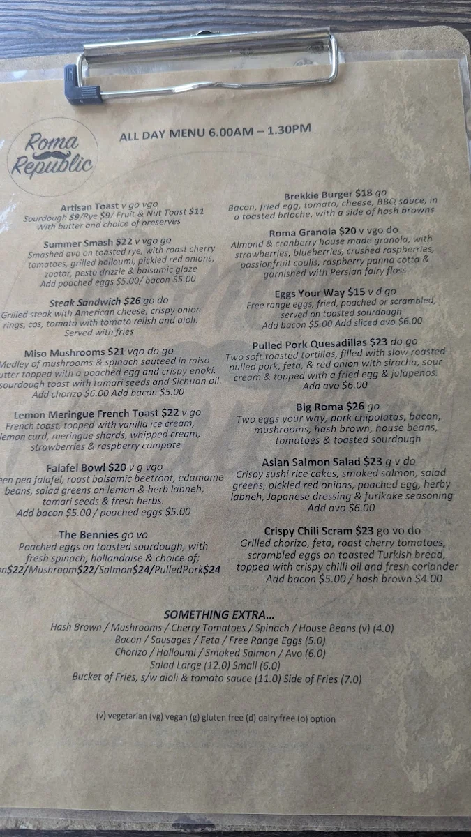 Menu, Roma Republic Kinross