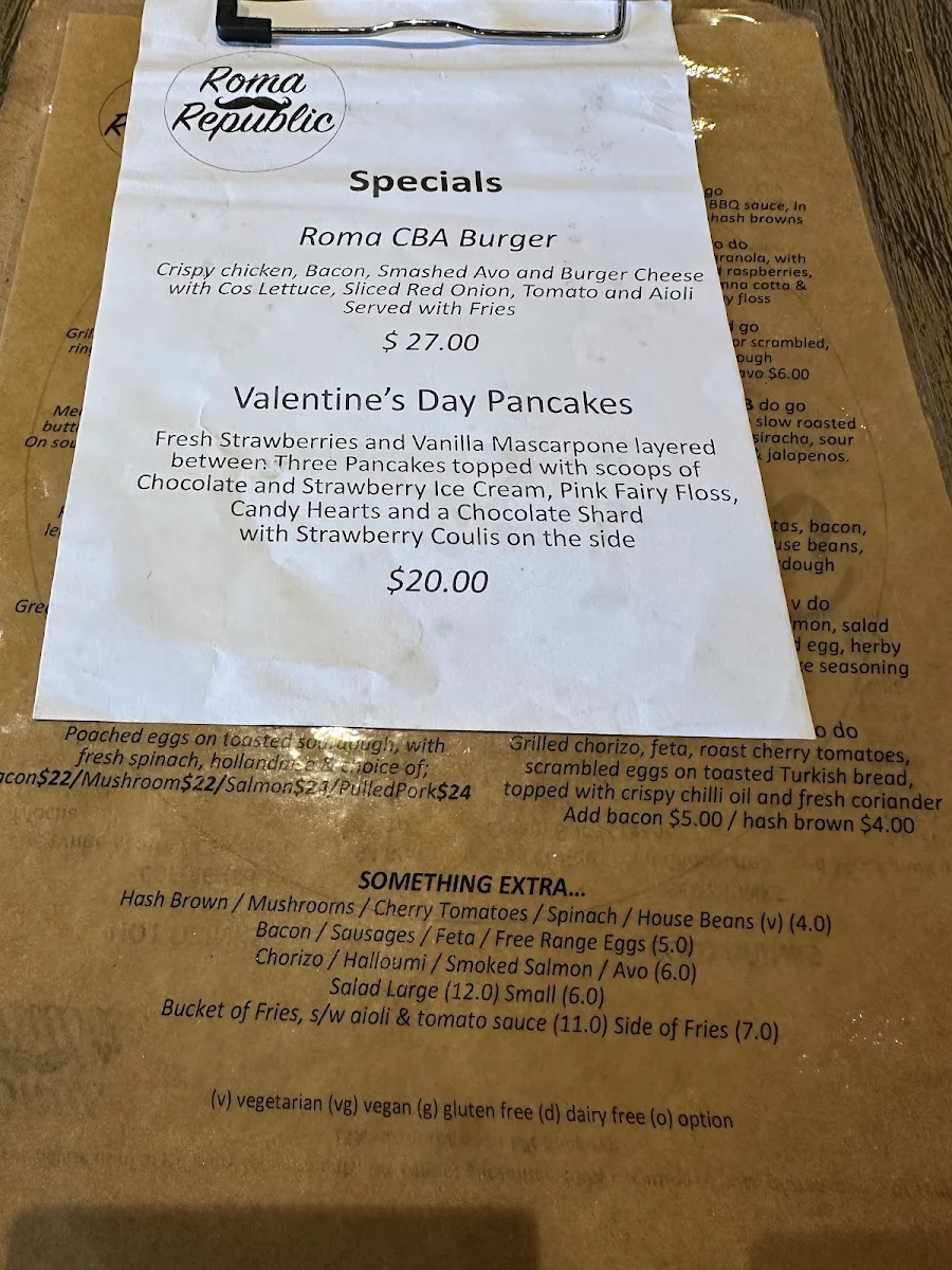 Menu, Roma Republic Kinross