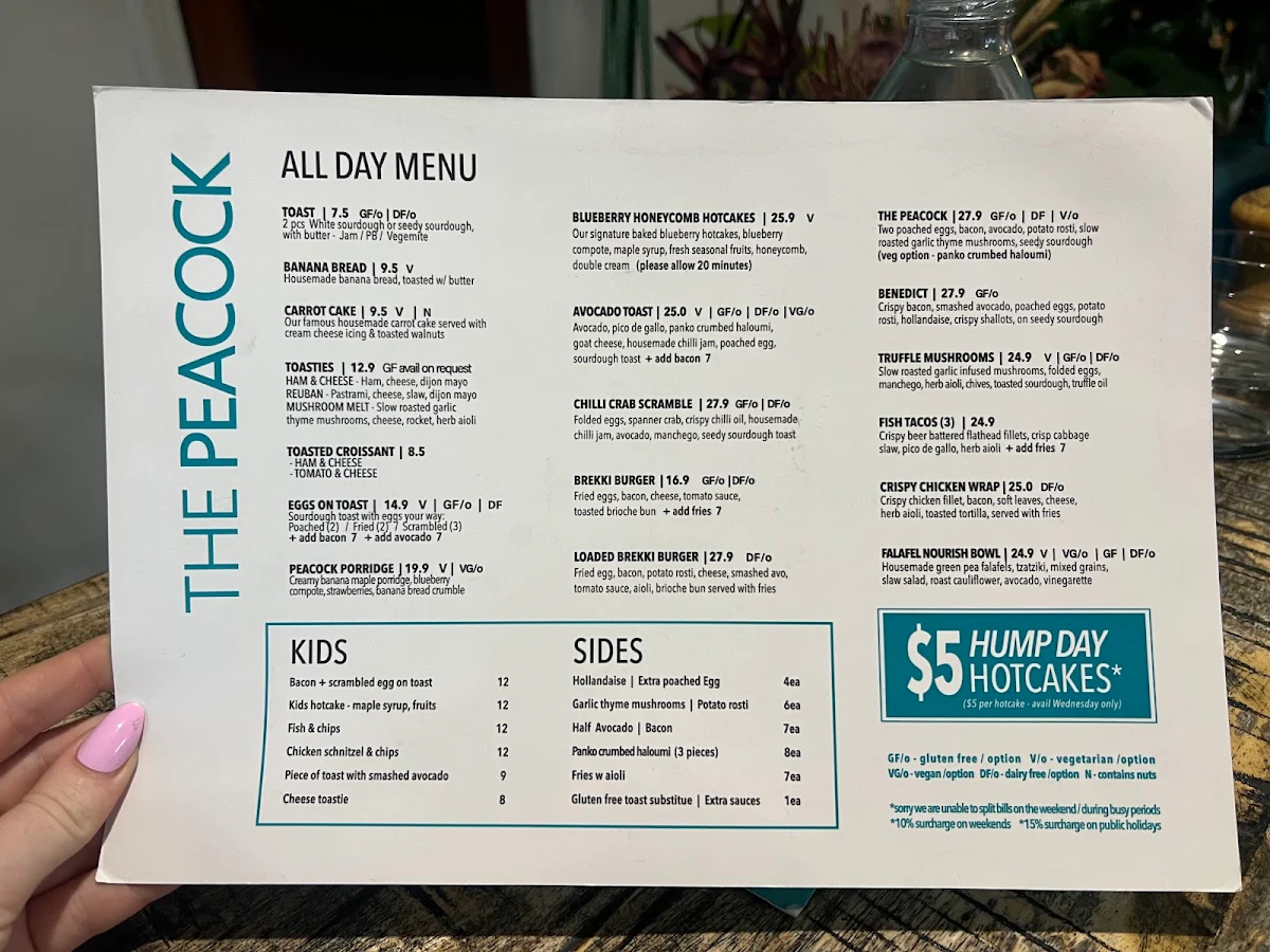Menu, The Peacock South Yarra