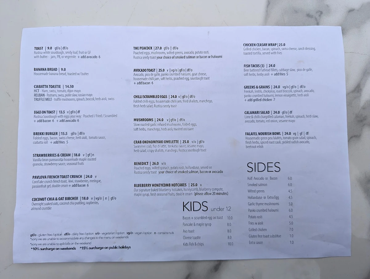Menu, The Peacock South Yarra