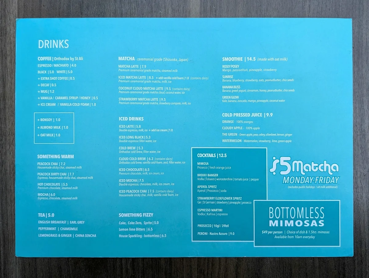 Menu, The Peacock South Yarra