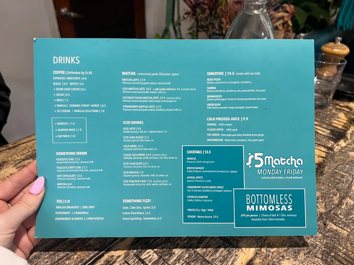 Menu, The Peacock South Yarra