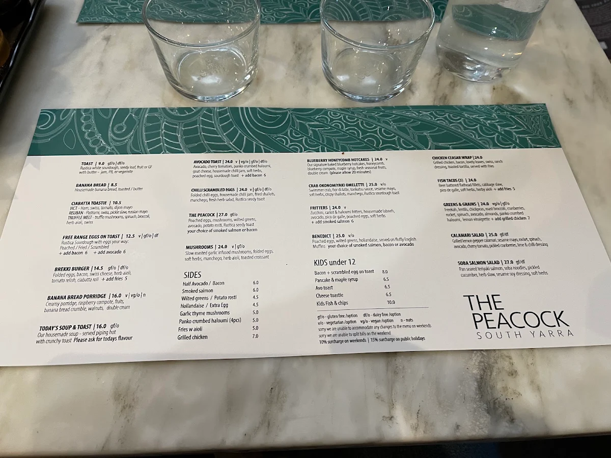 Menu, The Peacock South Yarra