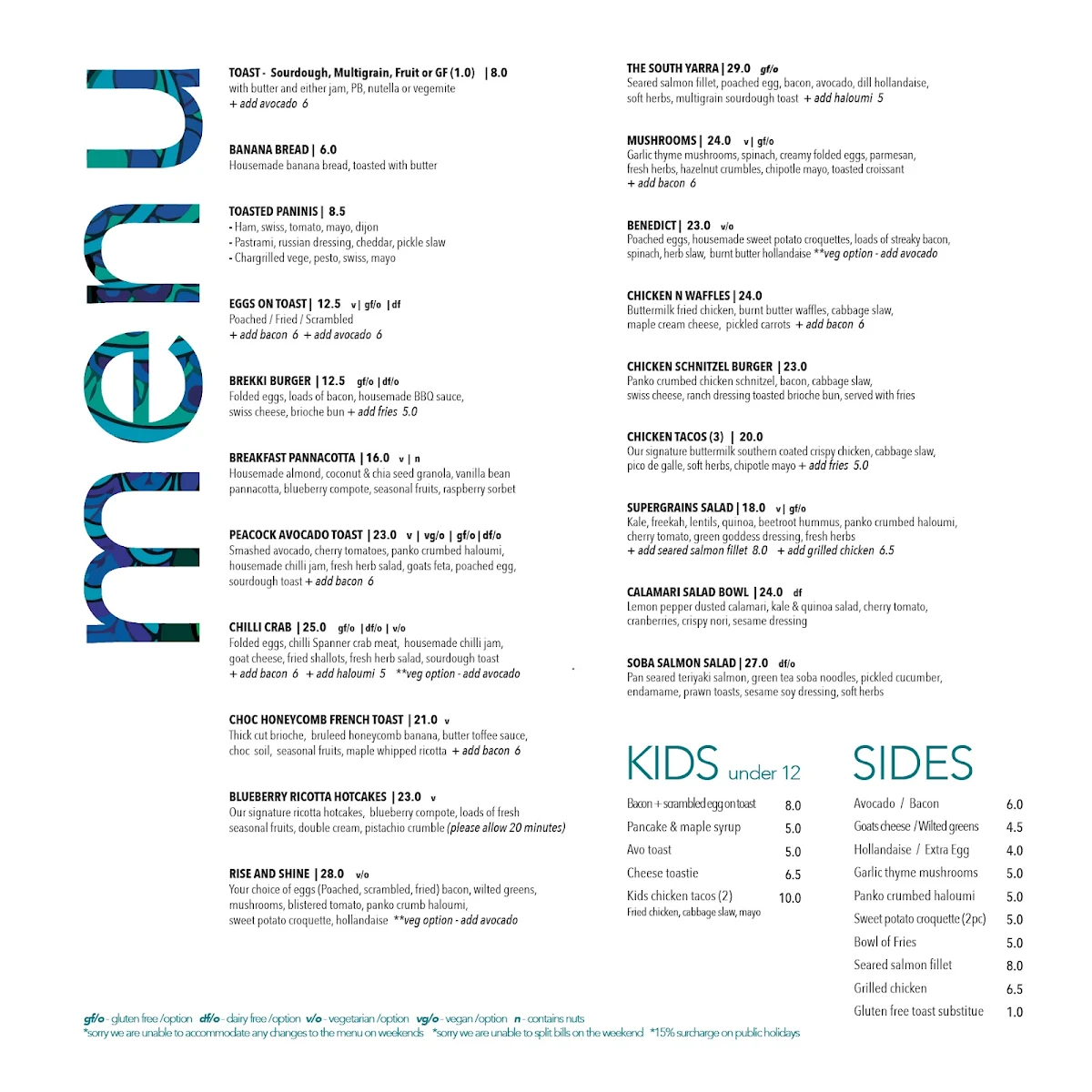 Menu, The Peacock South Yarra