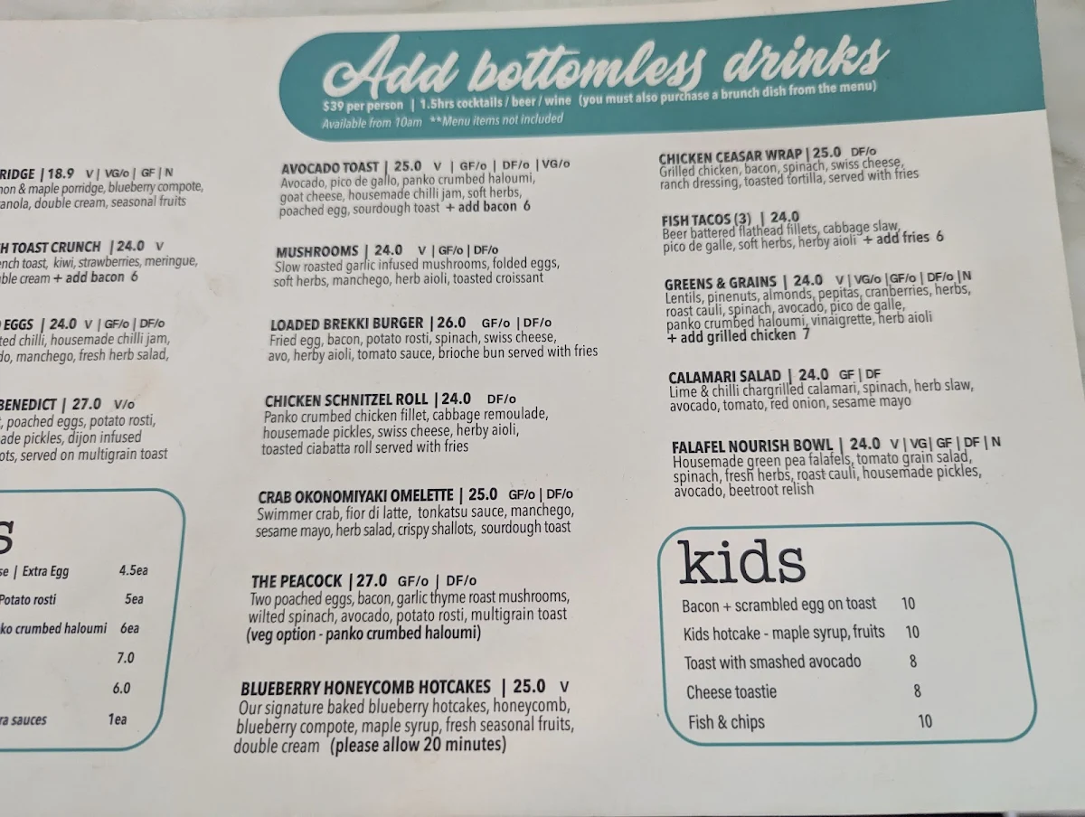 Menu, The Peacock South Yarra