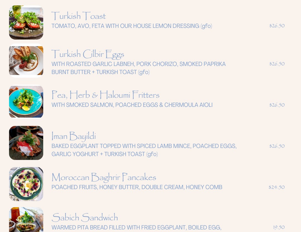 Menu, Hand of Fatima Cafe
