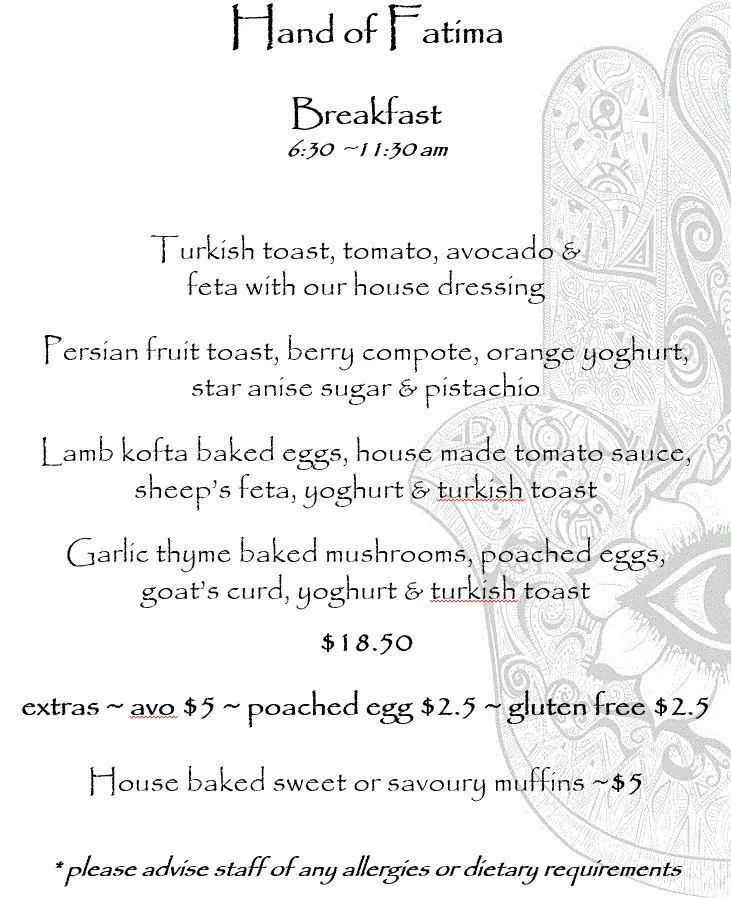 Menu, Hand of Fatima Cafe