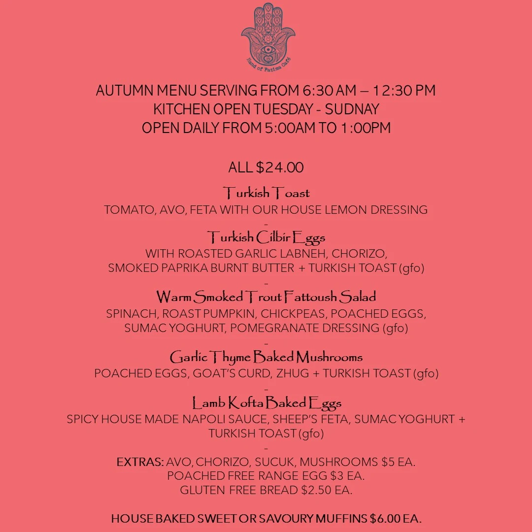 Menu, Hand of Fatima Cafe