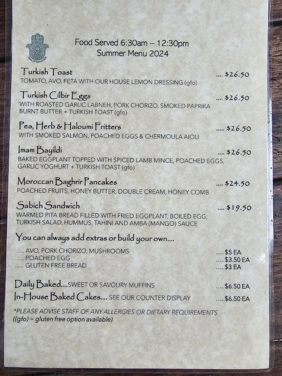 Menu, Hand of Fatima Cafe