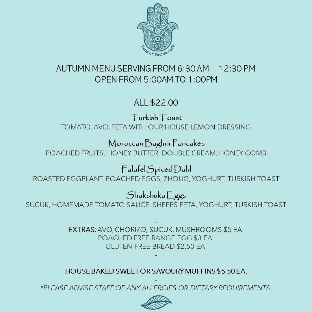 Menu, Hand of Fatima Cafe
