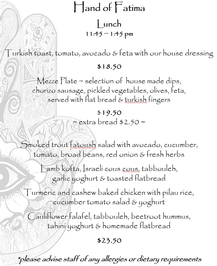 Menu, Hand of Fatima Cafe