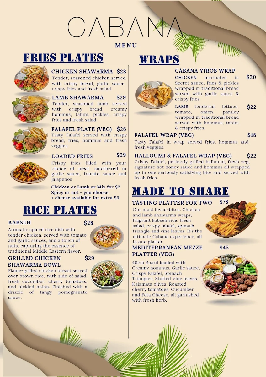 Menu, CABANA ADL