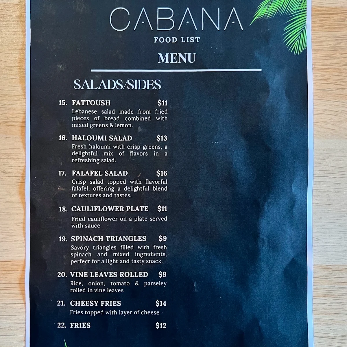 Menu, CABANA ADL