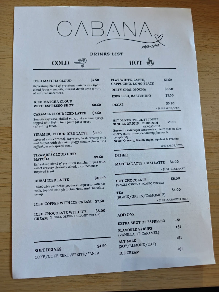 Menu, CABANA ADL