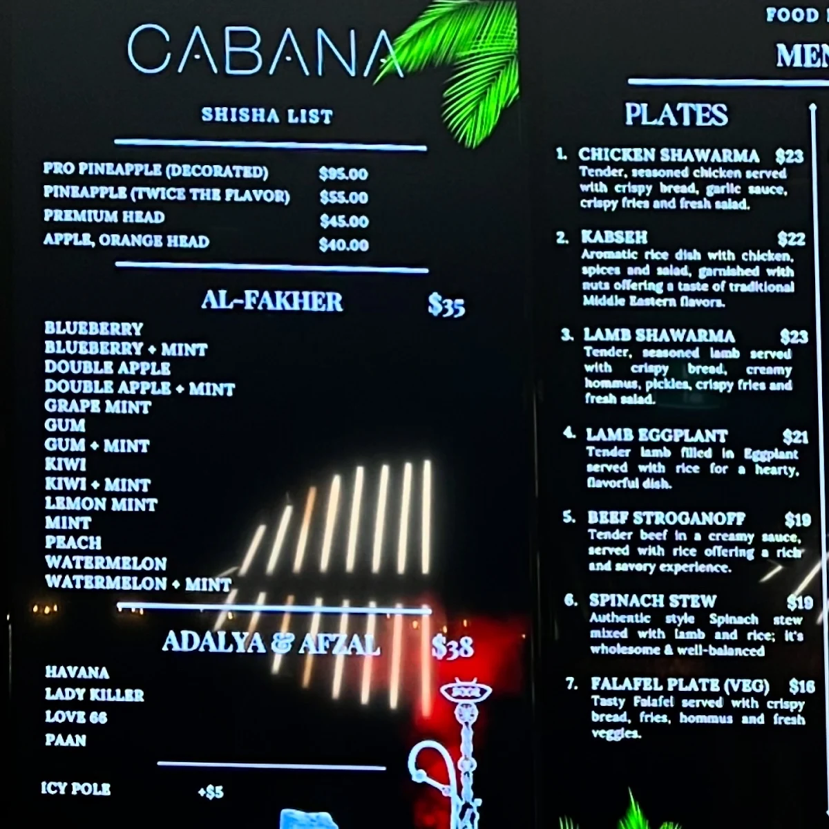 Menu, CABANA ADL
