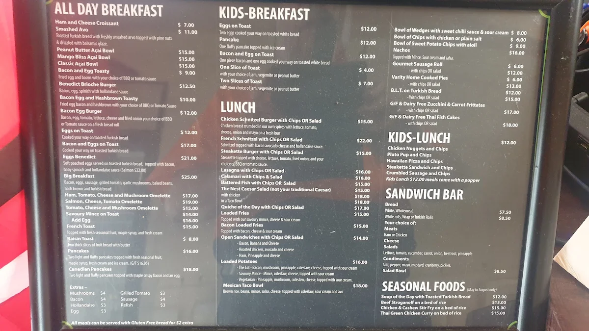 Menu, The Nest Cafe
