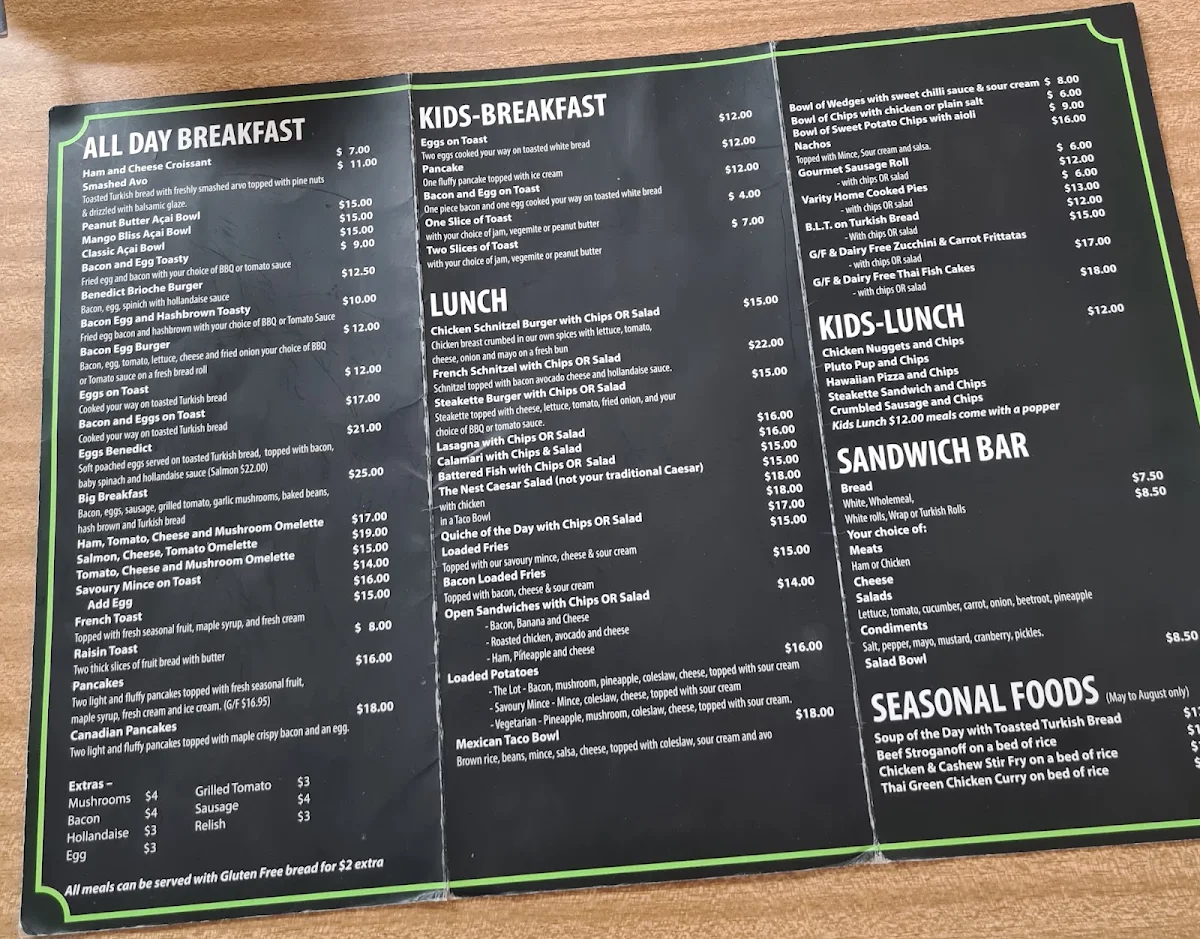 Menu, The Nest Cafe