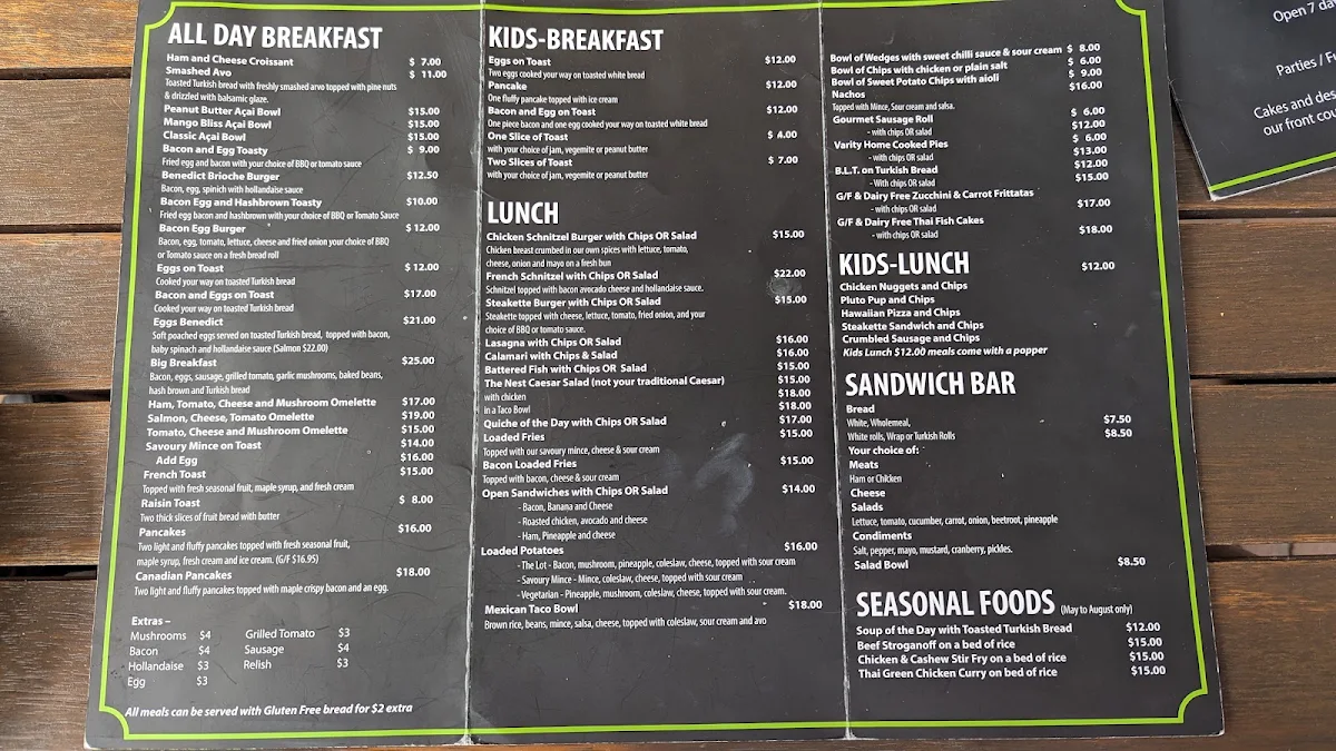 Menu, The Nest Cafe
