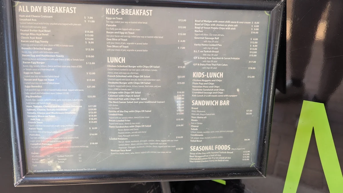 Menu, The Nest Cafe