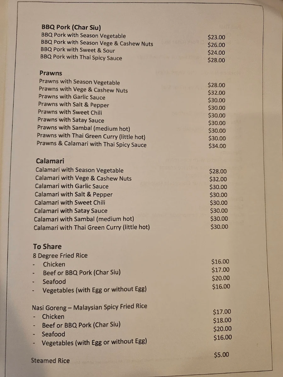 Menu, 8 Degree Asian Cuisine Pty Ltd