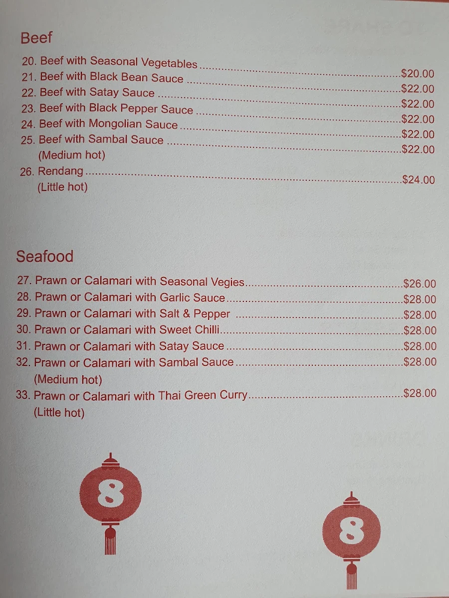 Menu, 8 Degree Asian Cuisine Pty Ltd