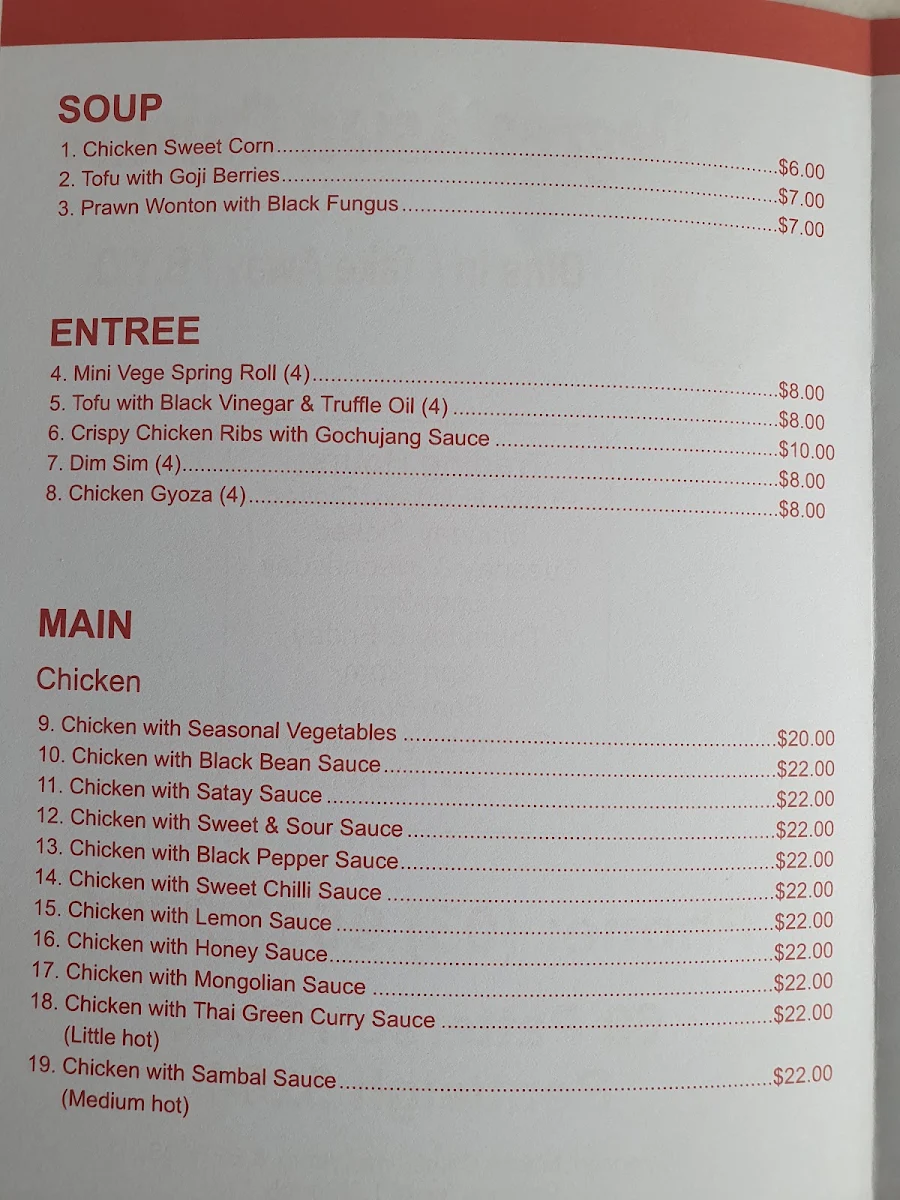 Menu, 8 Degree Asian Cuisine Pty Ltd