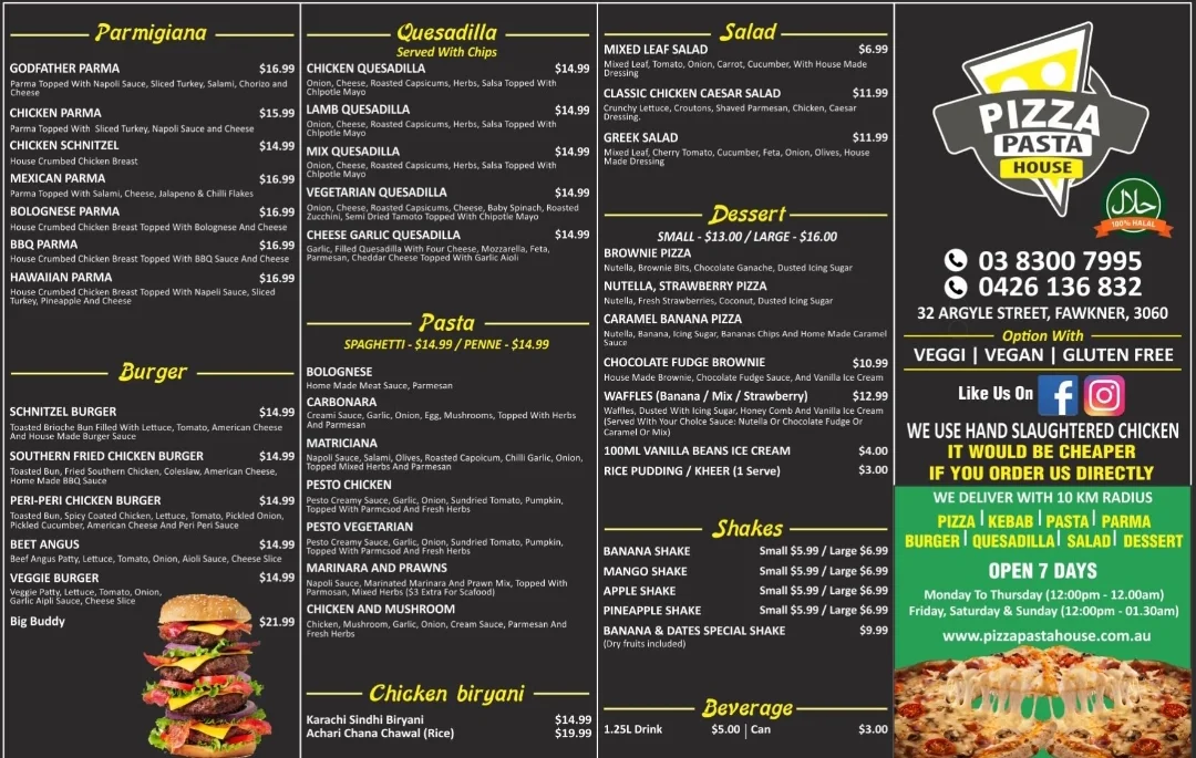 Menu, PIZZA PASTA HOUSE