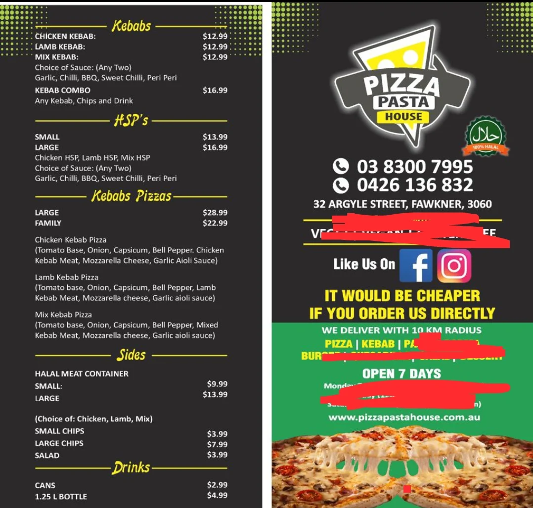 Menu, PIZZA PASTA HOUSE