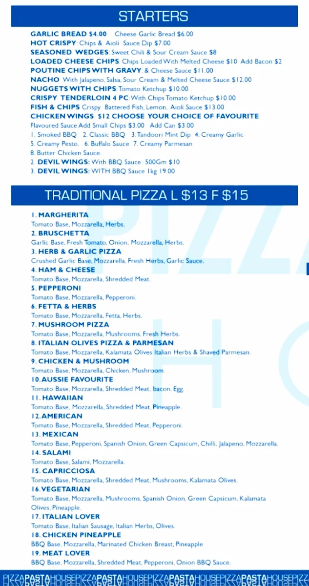 Menu, PIZZA PASTA HOUSE