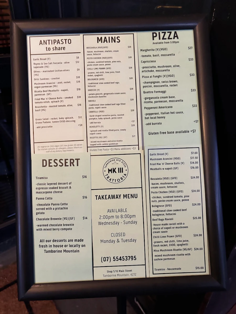 Menu, Trattoria MKIII