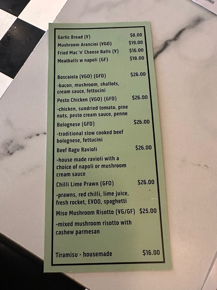 Menu, Trattoria MKIII