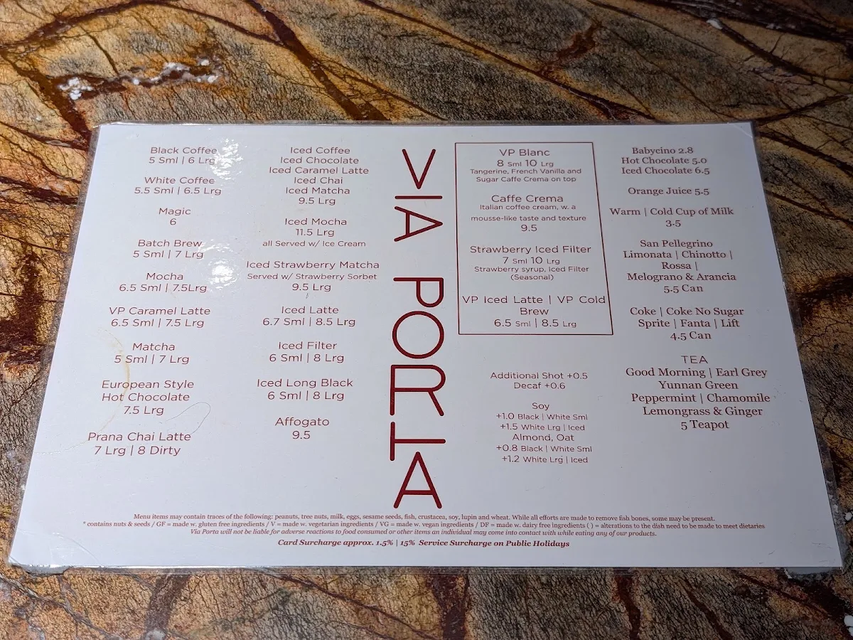 Menu, Via Porta Bakehouse
