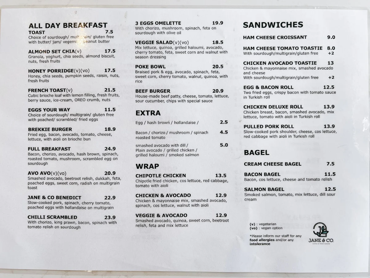 Menu, Via Porta Bakehouse