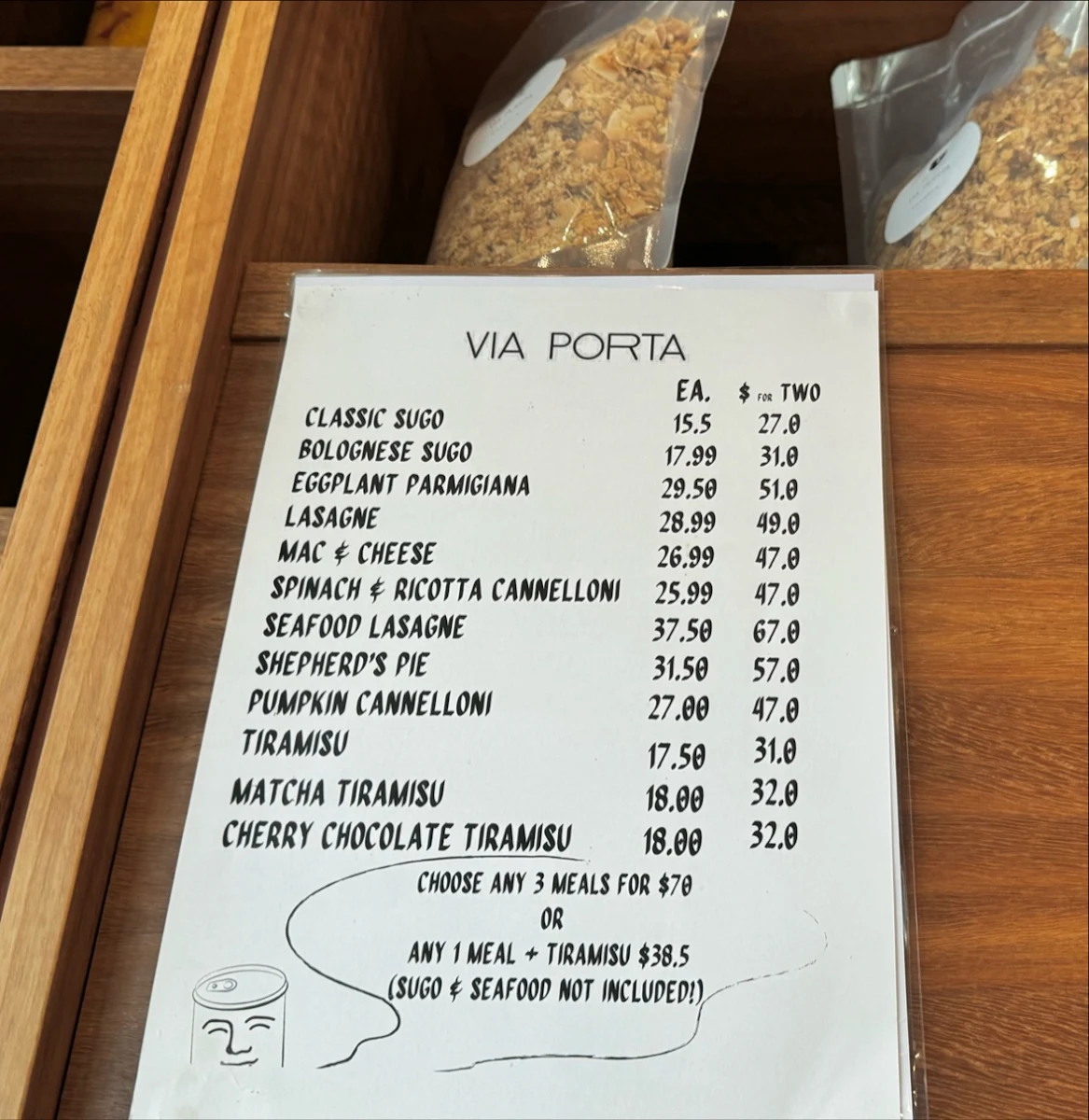 Menu, Via Porta Bakehouse