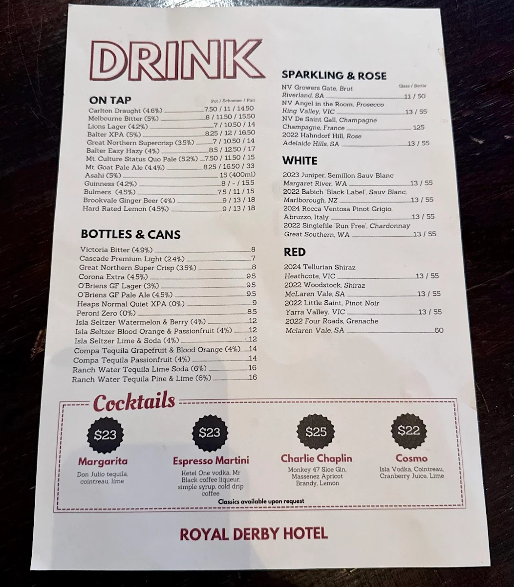 Menu, Royal Derby Hotel