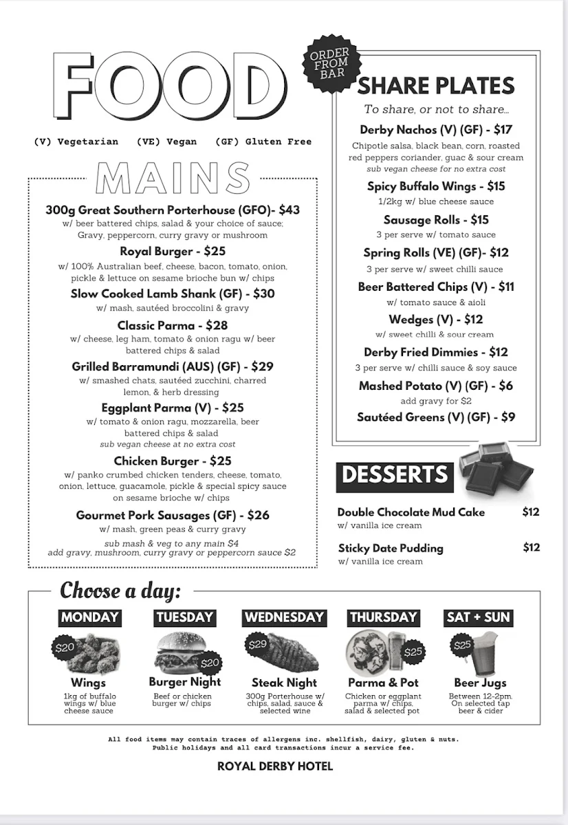 Menu, Royal Derby Hotel
