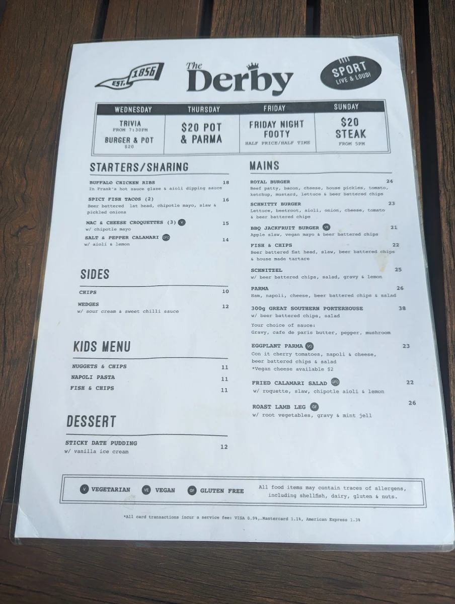 Menu, Royal Derby Hotel