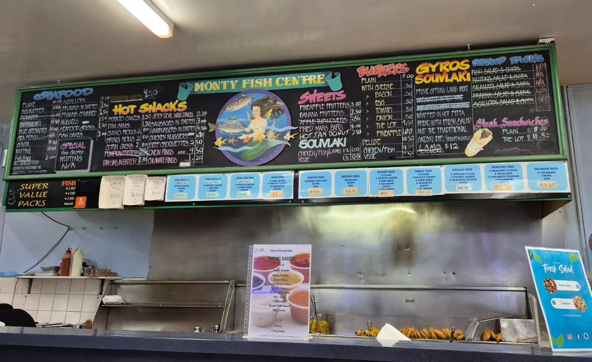 Menu, Monty Fish & Chips