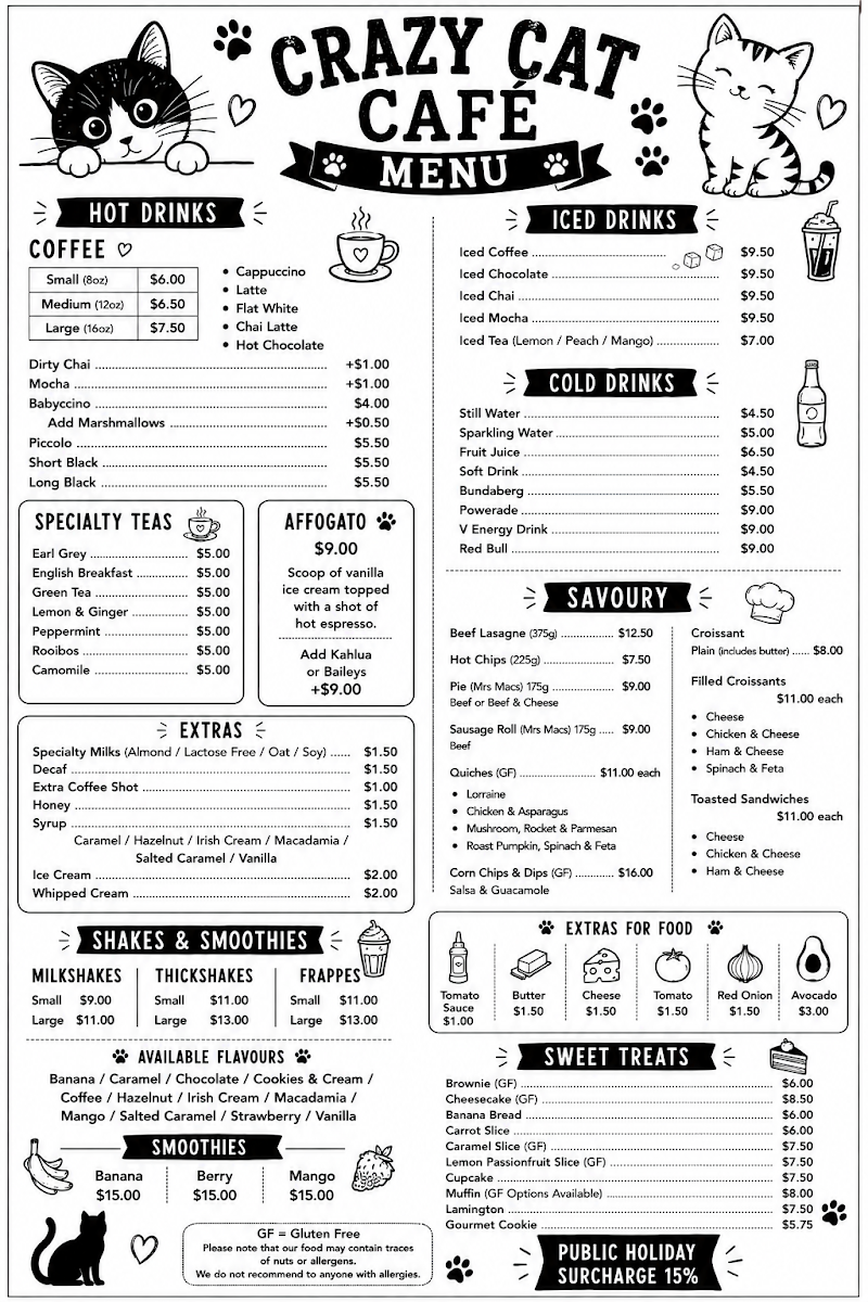 Menu, Crazy Cat Café