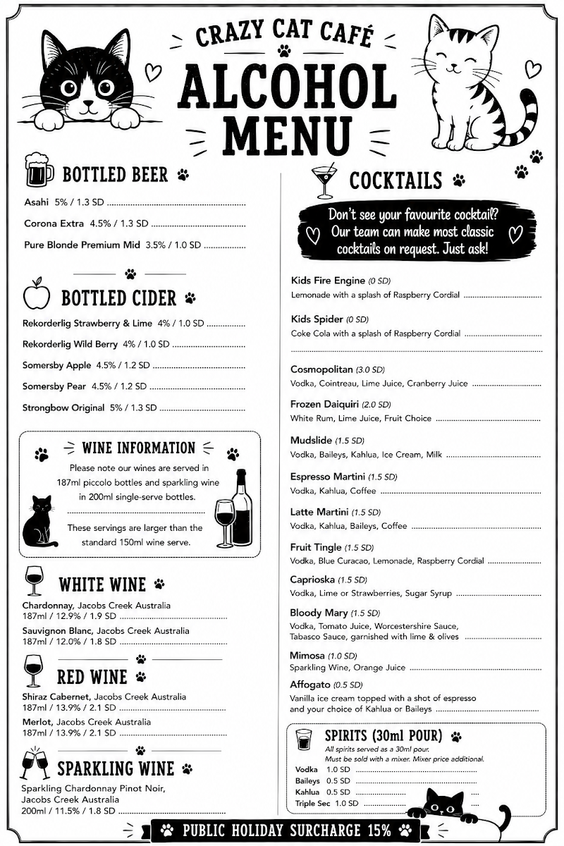 Menu, Crazy Cat Café