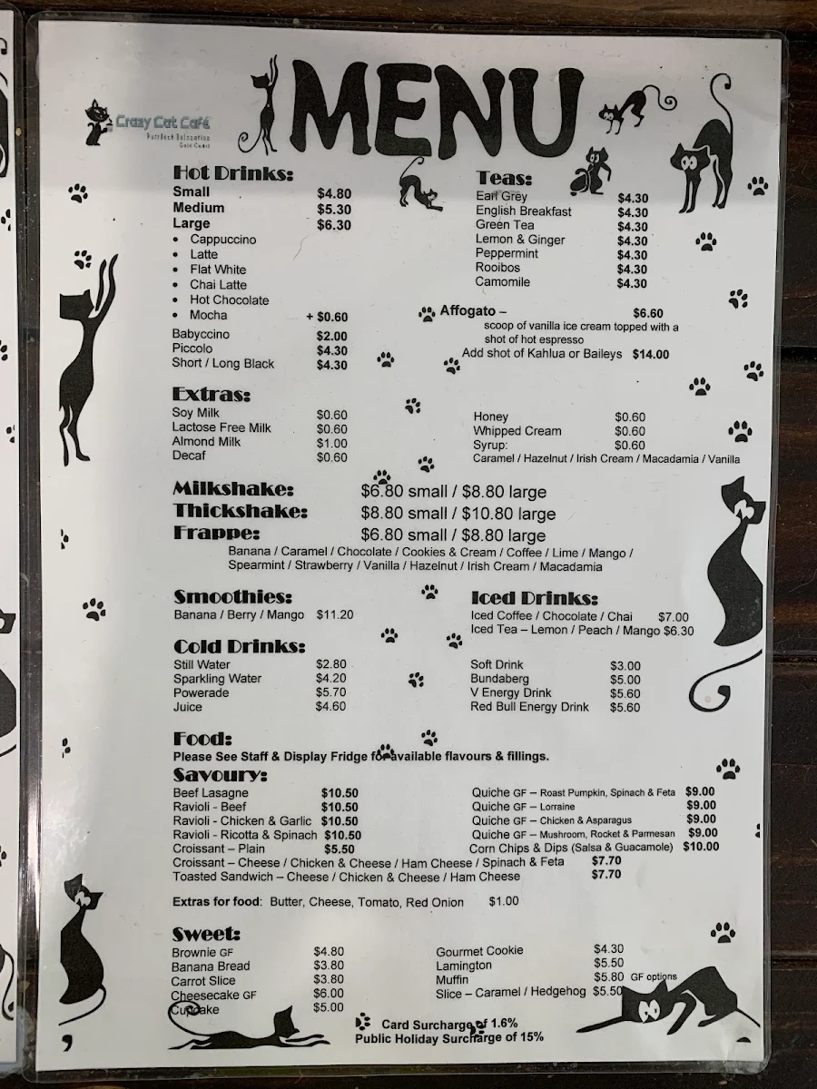 Menu, Crazy Cat Café