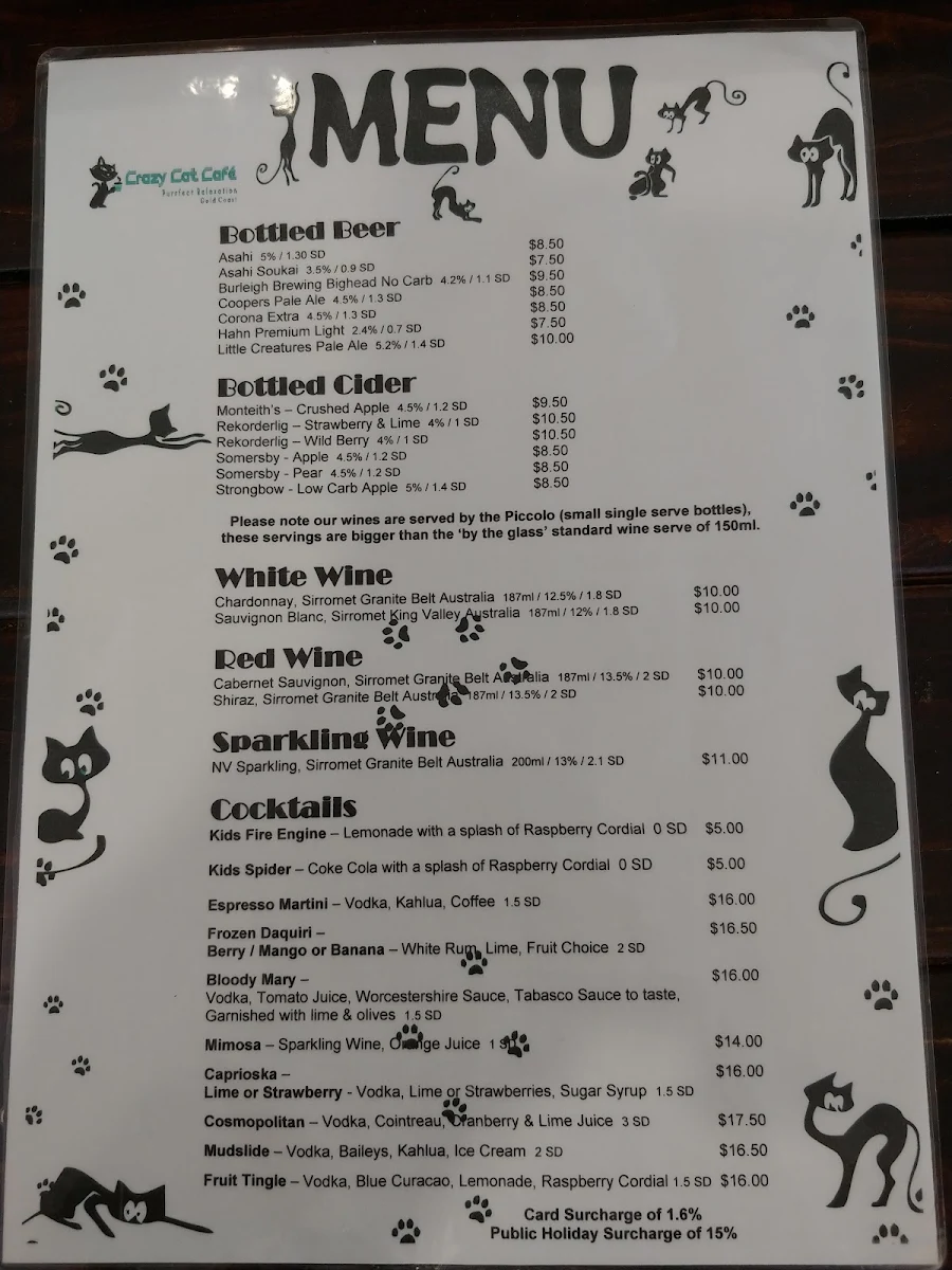 Menu, Crazy Cat Café