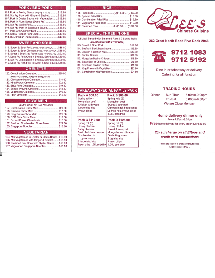 Menu, Lee's Chinese Cuisine