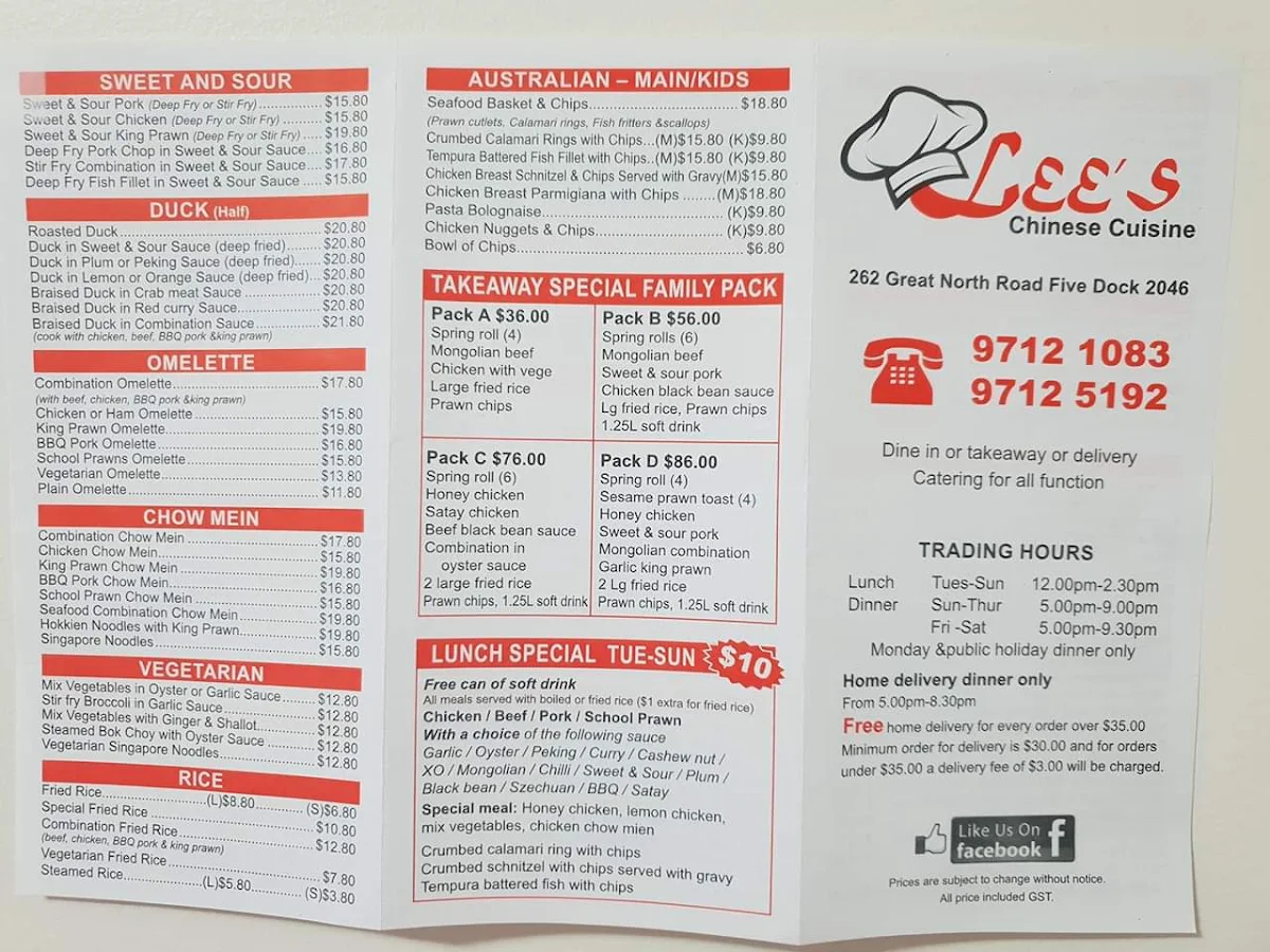 Menu, Lee's Chinese Cuisine