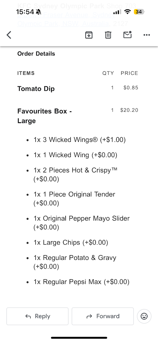 Menu, KFC Sydney Olympic Park