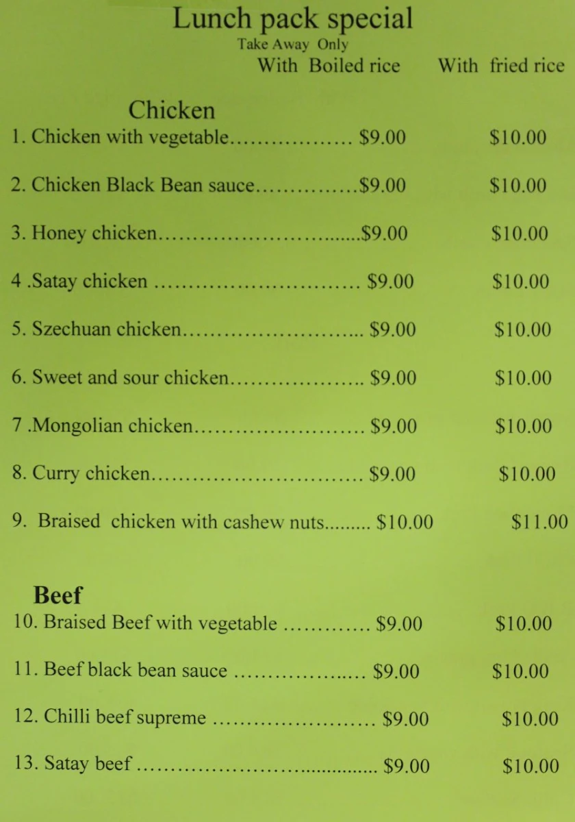 Menu, Brookvale Chinese Restaurant