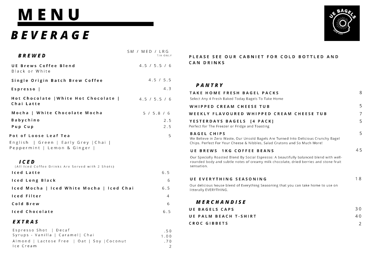 Menu, UE Bagels Palm Beach