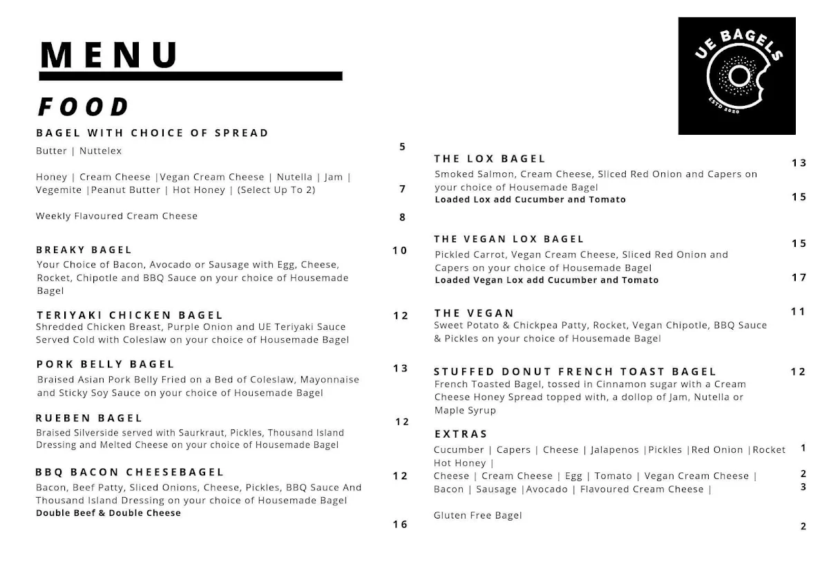 Menu, UE Bagels Palm Beach